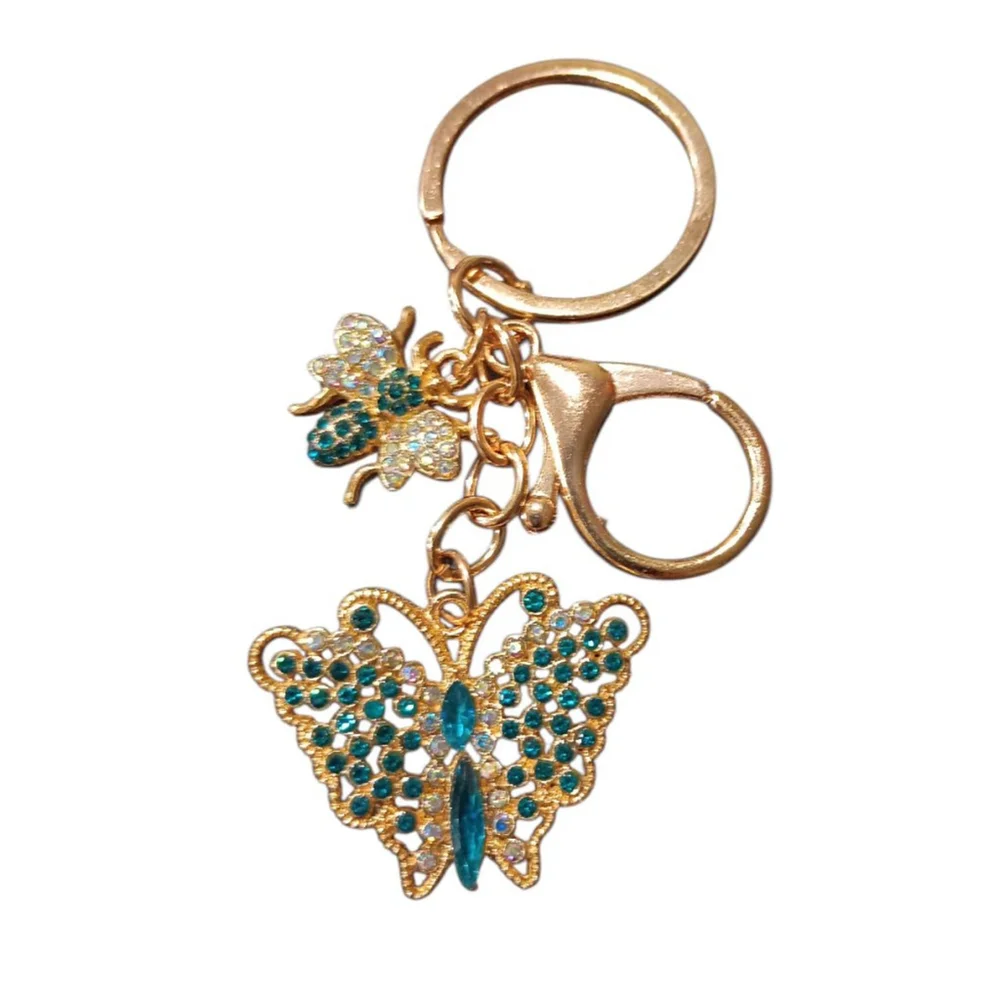 Beautiful Blue Rhinestone Butterfly Bumblebee Gold Tone Keychain Purse Charm
